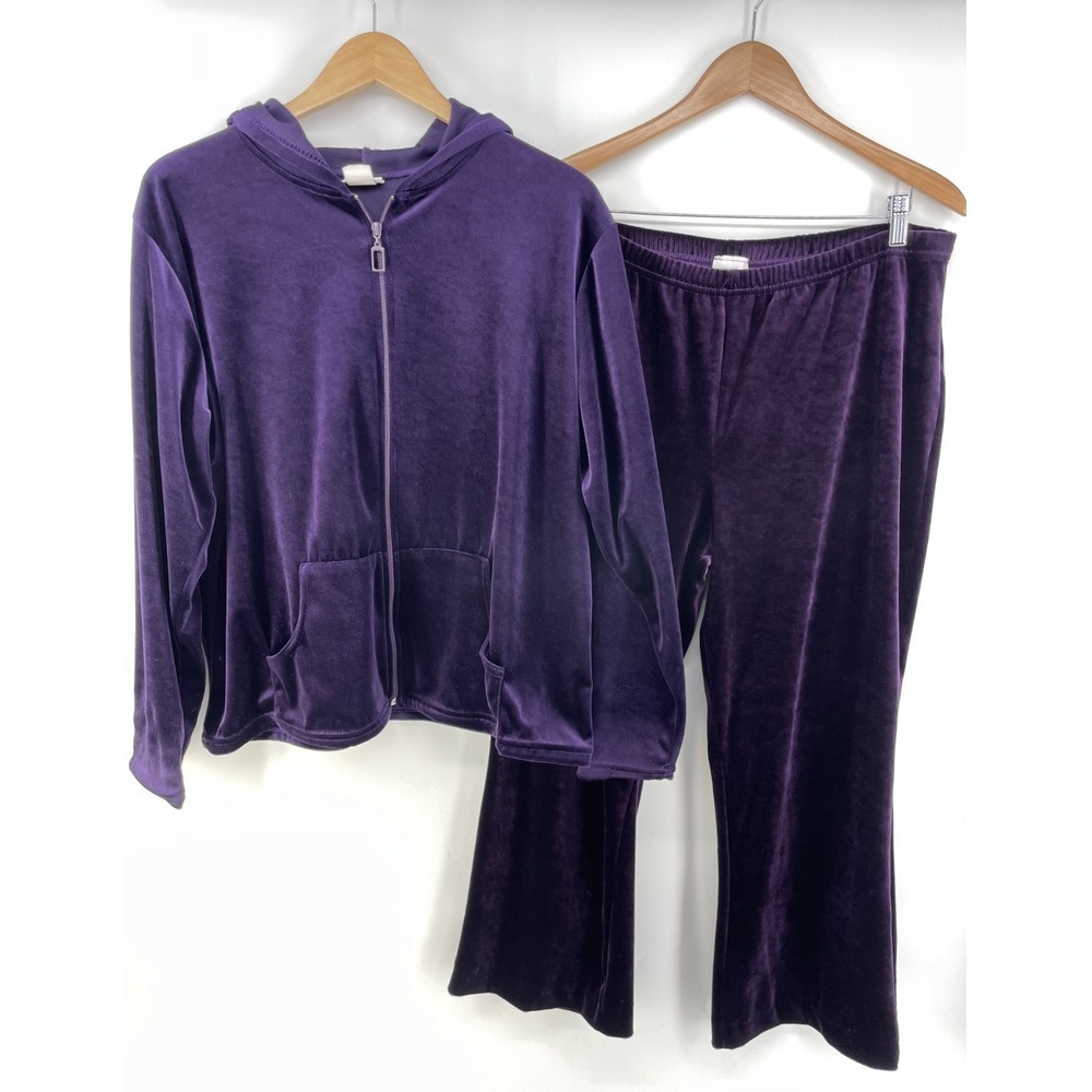 Vintage CW Sport Velour Tracksuit Women*1X/2X Purple‎ Jacket Pants Hood Wide Leg